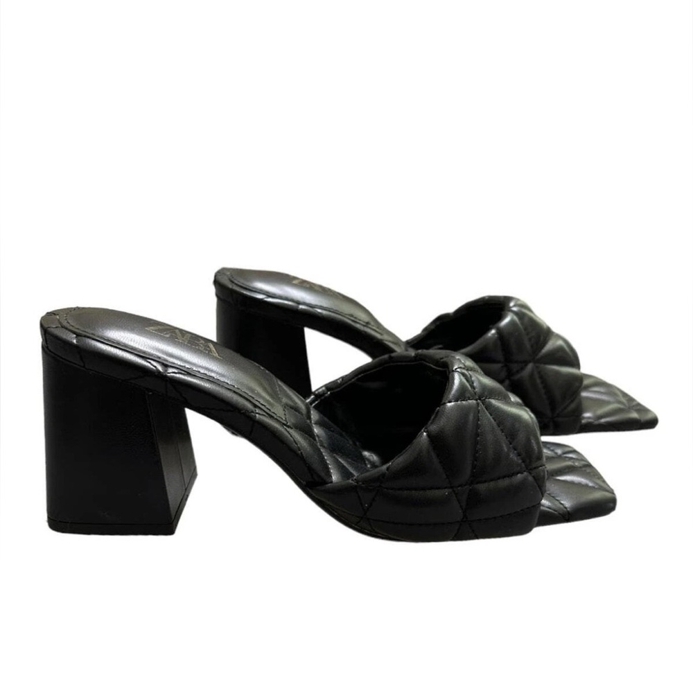 Zara Black Block Heel Quilted Slip on Heels